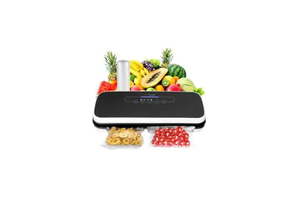 NutriChef Food Vacuum Sealer Machine - Automatic Air Sealing System for Dry & Moist Foods, LED Touch Controls, Includes Vacuum Bags, Hose & Wine Stopper, High Suction Power, 14"x6"x3", Black image