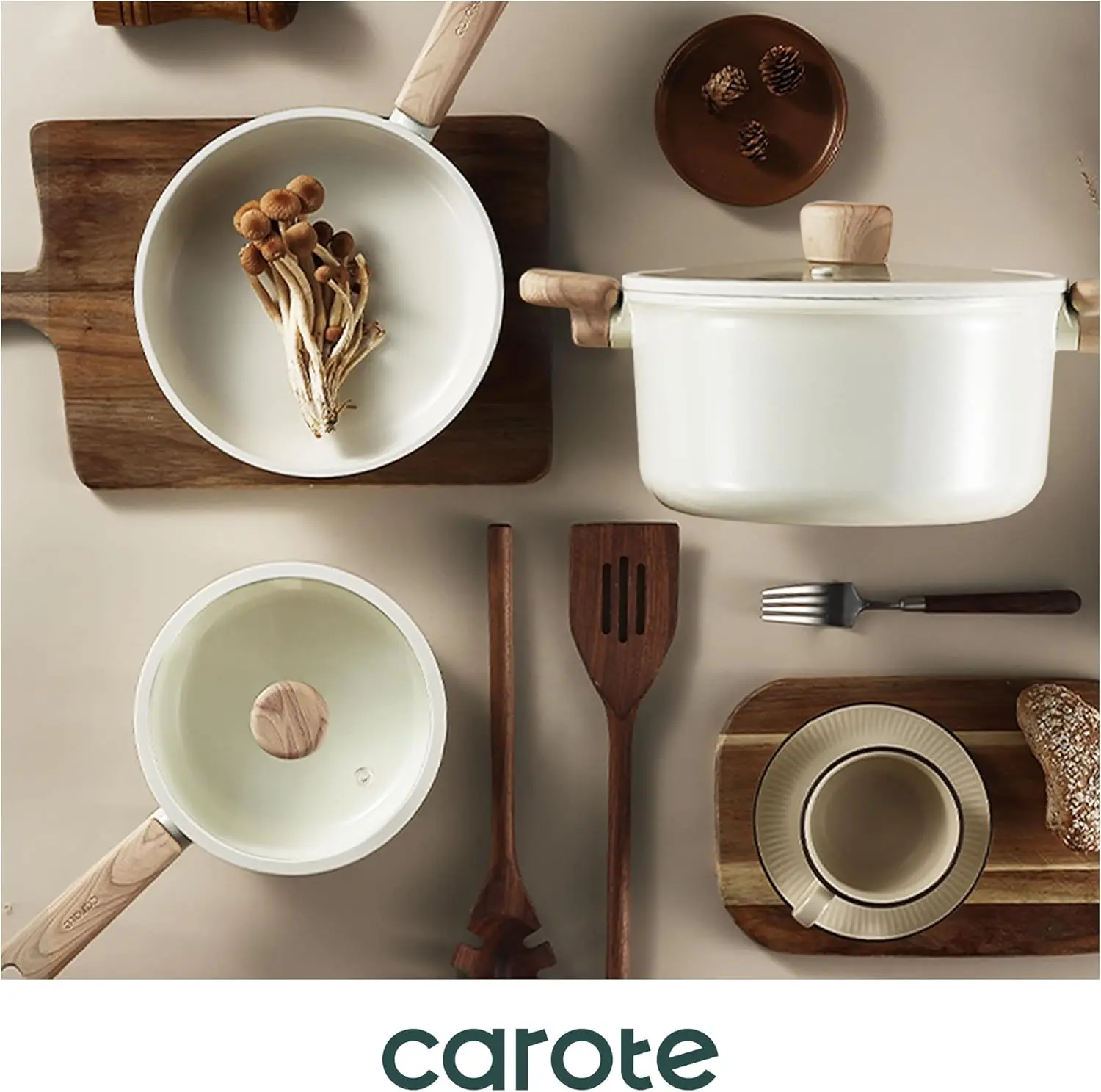 CAROTE 14Pcs Nonstick Ceramic Cookware Set, Non Toxic Cookware PFAS/PFOA Free, Cream White Pots and Pans Set Non Stick, Kitchen Cooking Pan Set, Large Capacity image 8