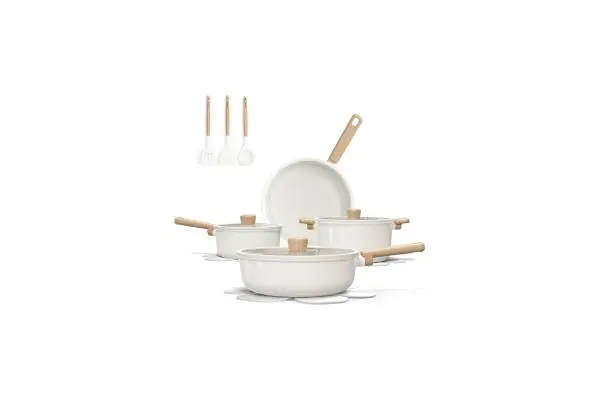 CAROTE 14Pcs Nonstick Ceramic Cookware Set, Non Toxic Cookware PFAS/PFOA Free, Cream White Pots and Pans Set Non Stick, Kitchen Cooking Pan Set, Large Capacity image