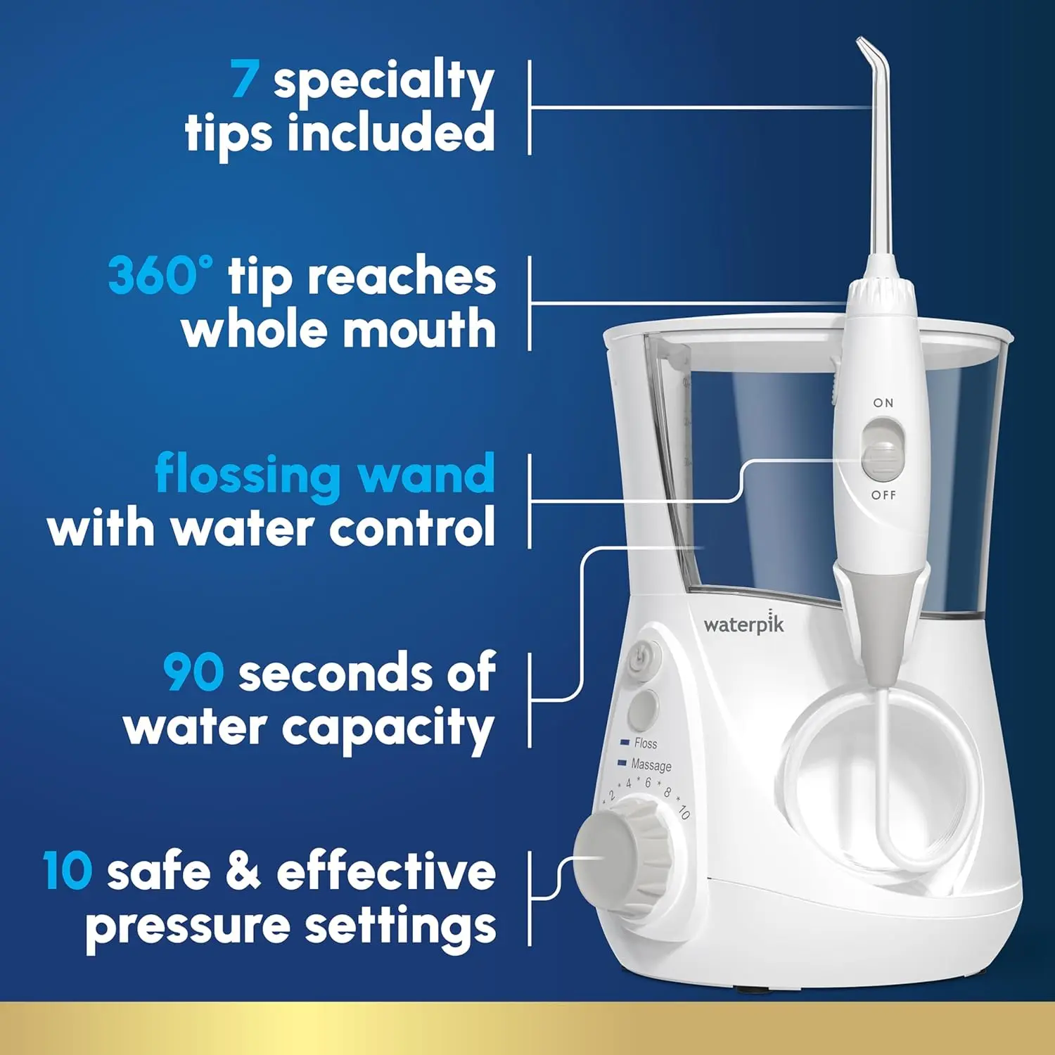Waterpik Aquarius Water Flosser For Teeth Cleaning, Gums, Braces, Dental Care, Electric Power With 10 Settings, 7 Tips For Multiple Users And Needs, ADA Accepted, White WP-660, Packaging May Vary image 2