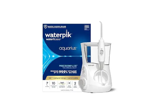 Waterpik Aquarius Water Flosser For Teeth Cleaning, Gums, Braces, Dental Care, Electric Power With 10 Settings, 7 Tips For Multiple Users And Needs, ADA Accepted, White WP-660, Packaging May Vary image