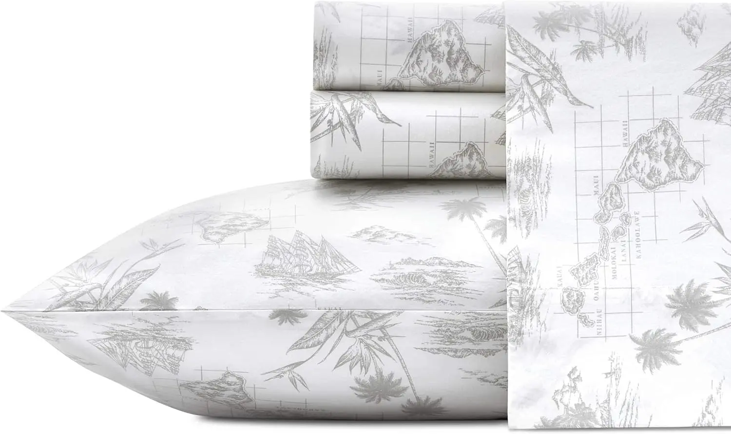 Tommy Bahama - King Sheets, Cotton Percale Bedding Set, Crisp & Cool, Stylish Home Decor (Vintage Map Grey, King) image 1