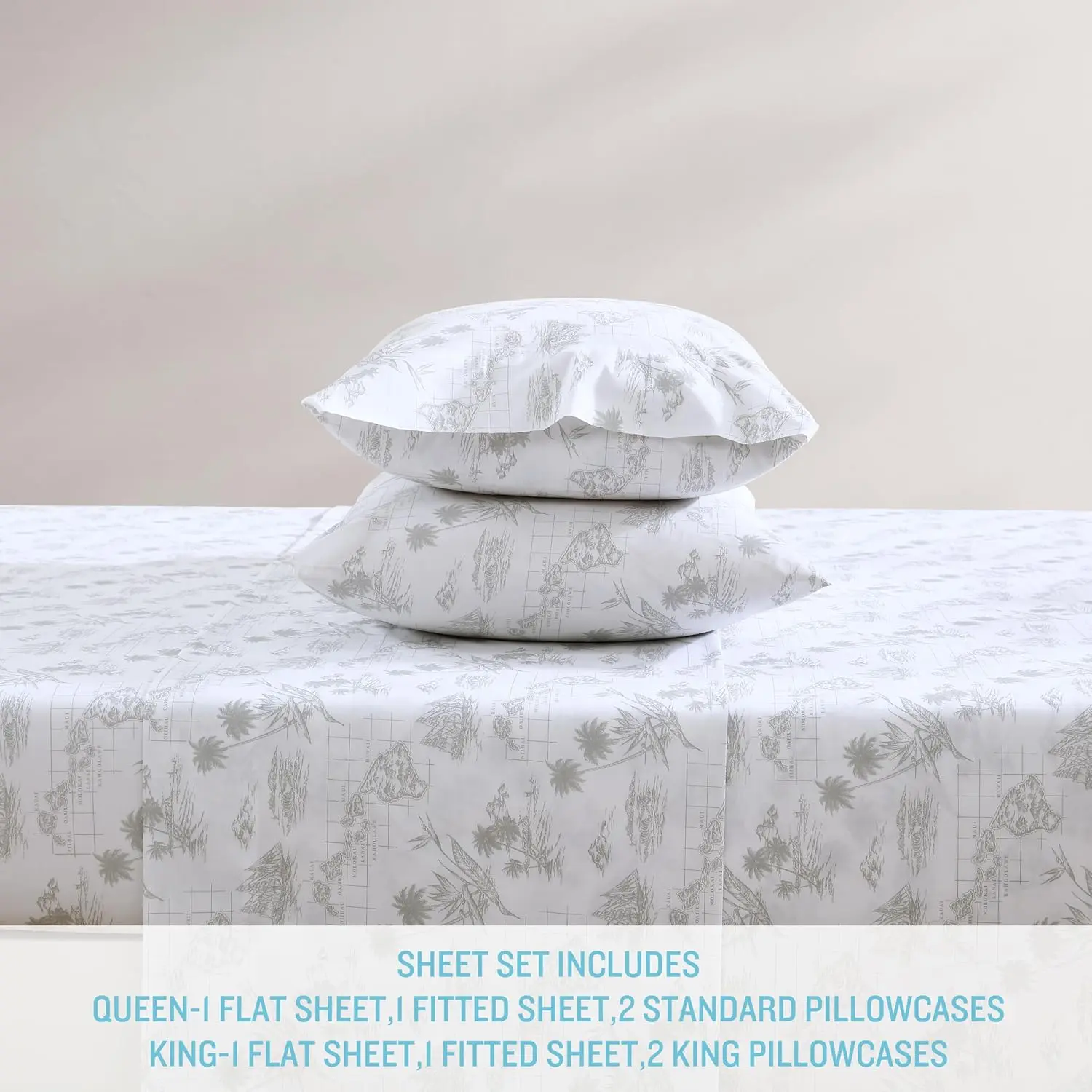 Tommy Bahama - King Sheets, Cotton Percale Bedding Set, Crisp & Cool, Stylish Home Decor (Vintage Map Grey, King) image 3