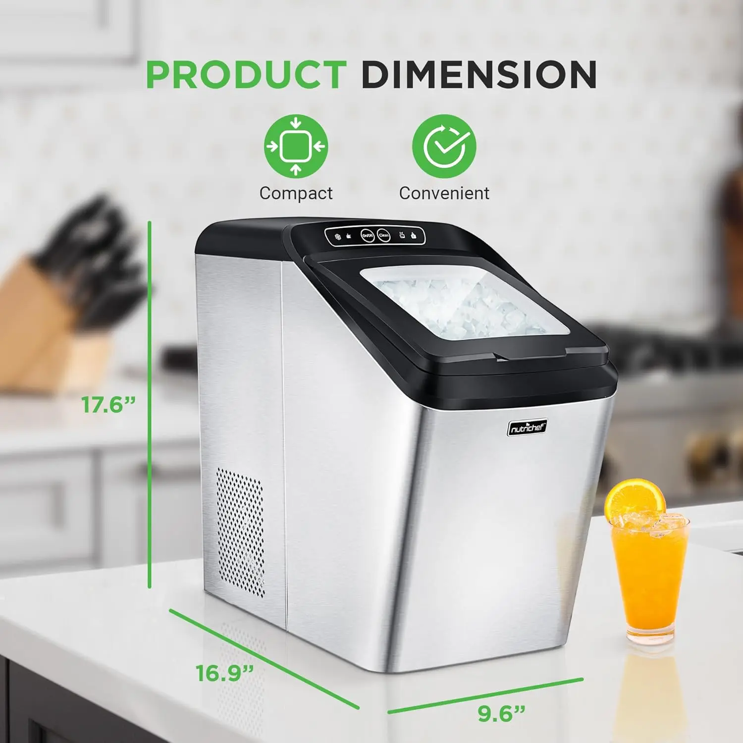 NutriChef Countertop Nugget Ice Maker Machine - Electric Nugget Ice Maker Countertop with Ice Scoop and Basket, Includes Rear-Mounted Hose Drainage, Compact, Convenient, and Incredibly Fast - NCICNUG image 2
