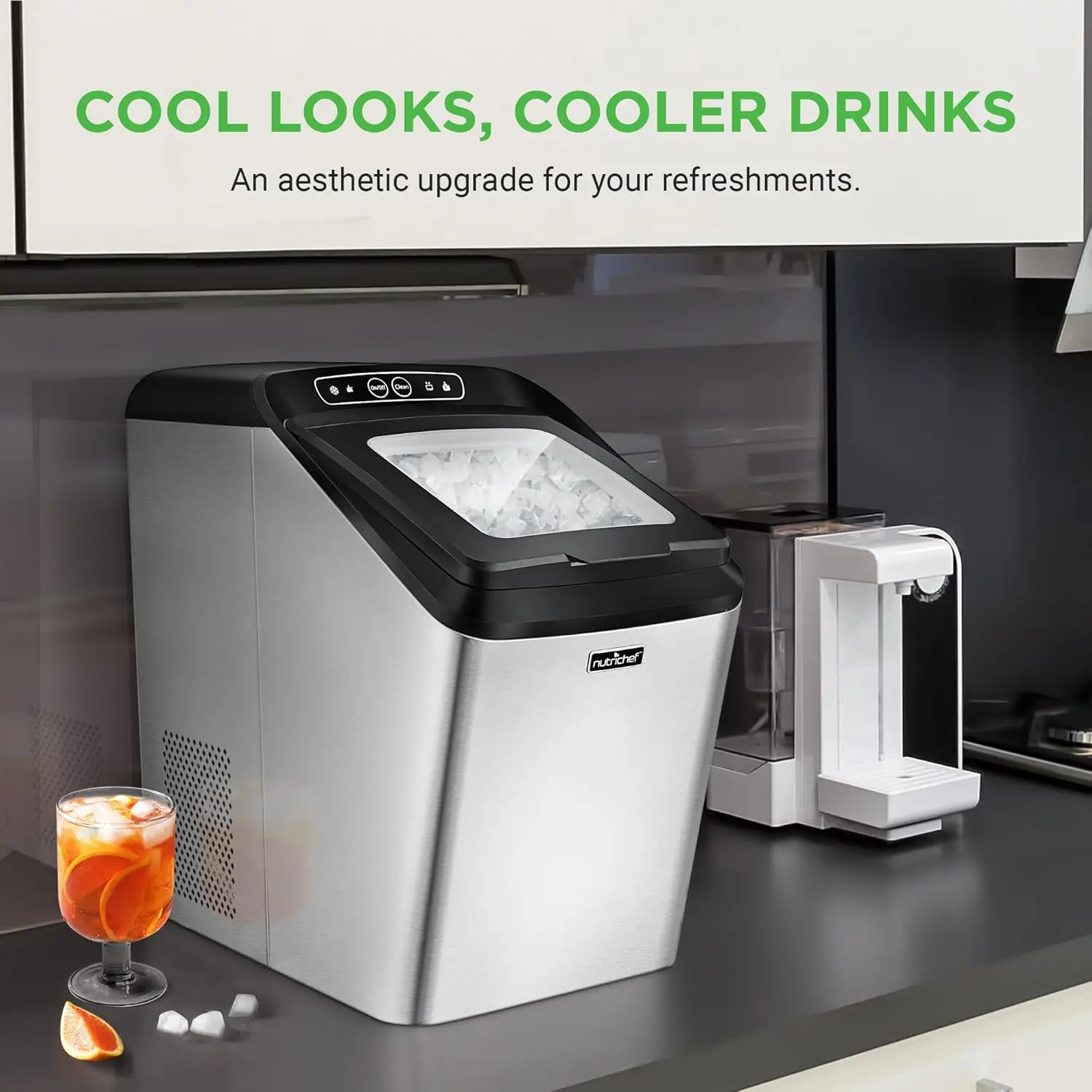 NutriChef Countertop Nugget Ice Maker Machine - Electric Nugget Ice Maker Countertop with Ice Scoop and Basket, Includes Rear-Mounted Hose Drainage, Compact, Convenient, and Incredibly Fast - NCICNUG image 4