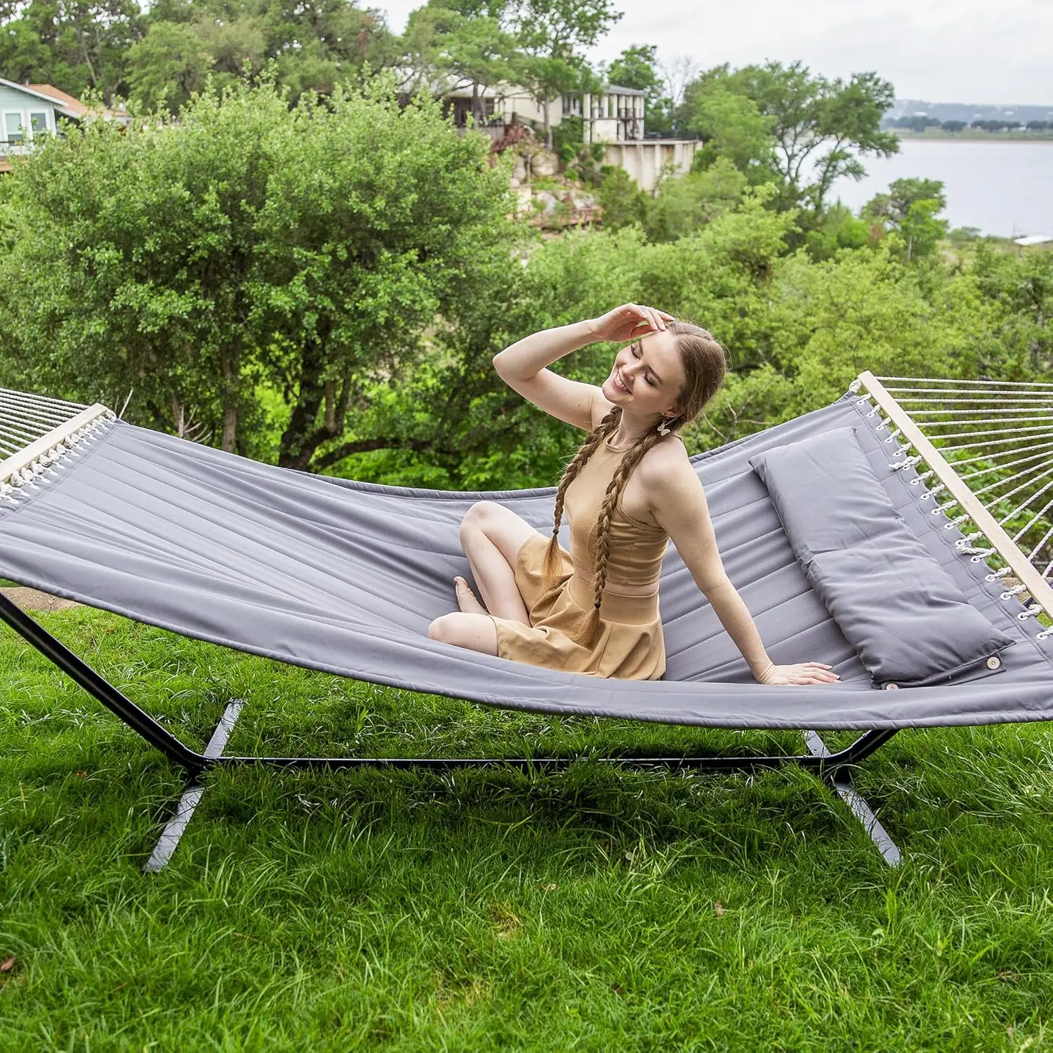 SUNCREAT 2 Person Hammock with Stand, Heavy Duty Portable Hammocks, 475 lbs Capacity, Dark Grey image 2