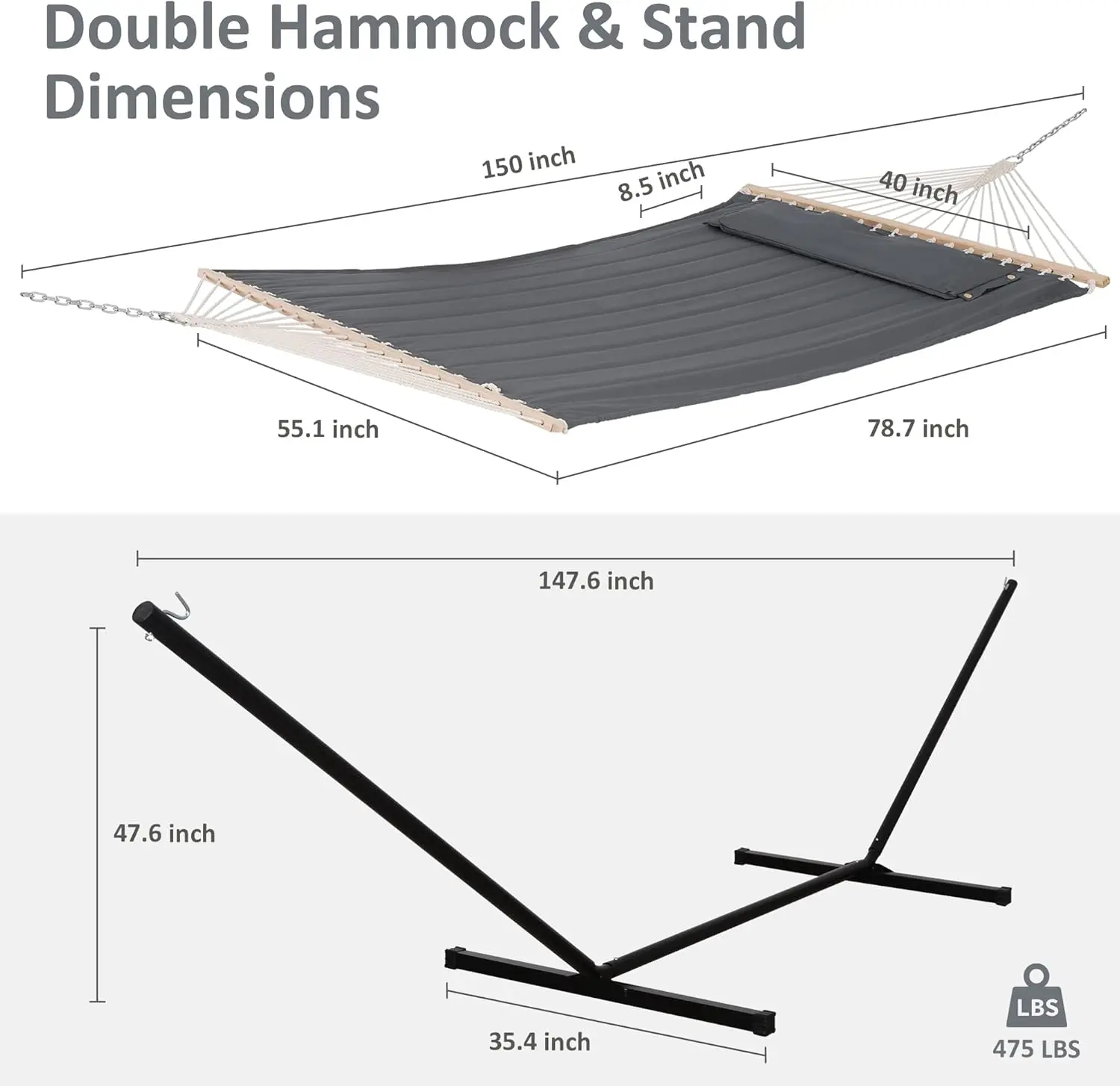SUNCREAT 2 Person Hammock with Stand, Heavy Duty Portable Hammocks, 475 lbs Capacity, Dark Grey image 4