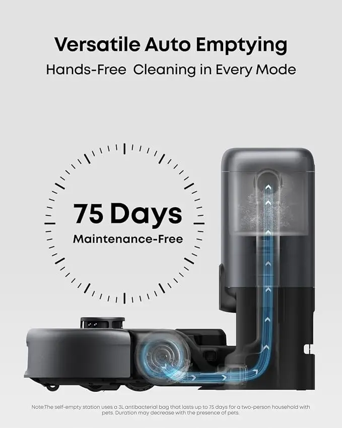 eufy Robot Vacuum 3-in-1 E20,with Versatile Stick and Handheld Vacuum Cleaner Combo,Self Emptying Up to 75 Days,Max 30,000Pa,Smart Obstacle Avoidance,Pro-Detangle,Ideal for Carpet,Crevices,Stairs image 5