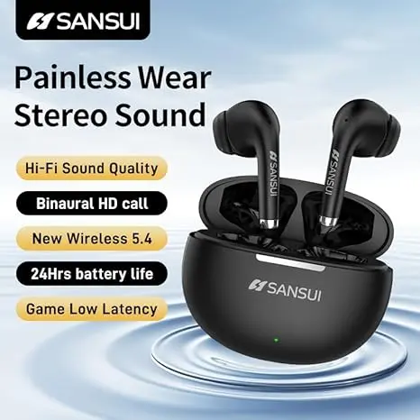 SANSUI W6 True Wireless Earbuds,Active Noise Cancellation,13mm Drivers with Big Bass,Bluetooth 5.4,30H Long Playtime,IPX7 Water-Resistant,Bluetooth Earbuds for Laptop Pad Phones Sports,Black image 2