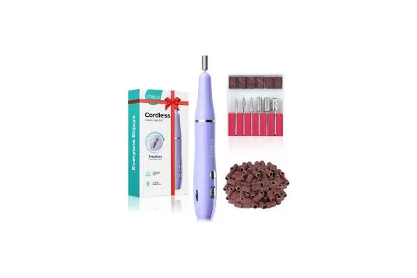 COSLUS Cordless Electric Nail Drill File: Nail Drill Machine with Stepless Speed Knob for Acrylic Gel Dip Powder Polish, Professional Portable Manicure Pedicure Rechargeable for Home Salon Use Purple image