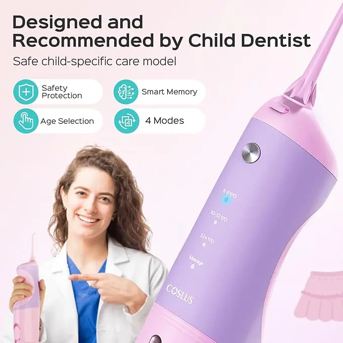 COSLUS Kids Water Dental Flosser Deep Cleaning Picks Portable 4 Modes for Ages 6+ Safe Waterproof Rechargeable with 2 Jet Tips for Gums Care Pink Purple image 3