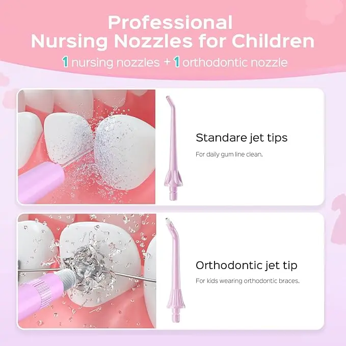 COSLUS Kids Water Dental Flosser Deep Cleaning Picks Portable 4 Modes for Ages 6+ Safe Waterproof Rechargeable with 2 Jet Tips for Gums Care Pink Purple image 5