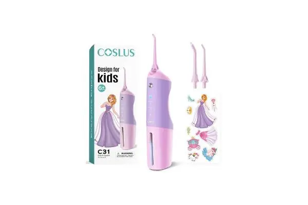 COSLUS Kids Water Dental Flosser Deep Cleaning Picks Portable 4 Modes for Ages 6+ Safe Waterproof Rechargeable with 2 Jet Tips for Gums Care Pink Purple image