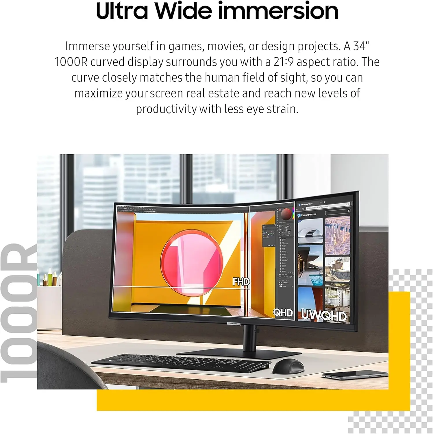 Samsung 34” ViewFinity S65UA Series Ultrawide QHD Curved Monitor, HDR10, 100Hz, 350 nit, USB- C, Adjustable Stand, Intelligent Eye Care, LS34C650UANXGO, Black image 3