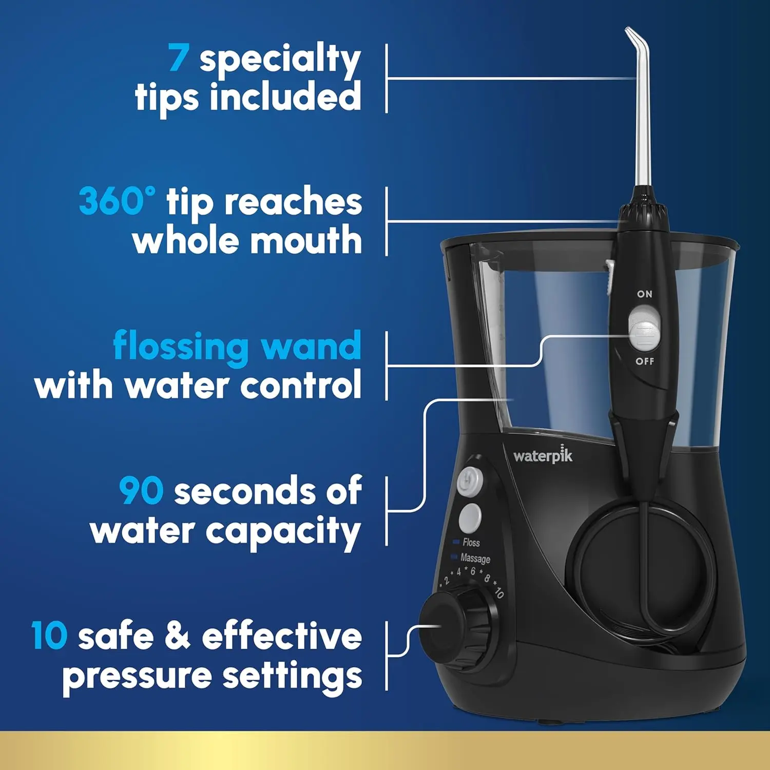 Waterpik Aquarius Water Flosser For Teeth Cleaning, Gums, Braces, Dental Care, Electric Power With 10 Settings, 7 Tips For Multiple Users And Needs, ADA Accepted, Black WP-662, Packaging May Vary image 2
