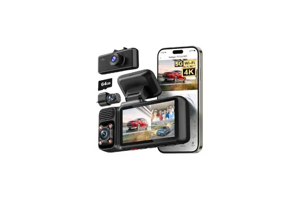 REDTIGER F17 4K 3 Channel Dash Cam, 5GHz WiFi Built-in GPS with 64GB Card, 2160P+1080P+1080P Front and Rear Inside, Triple Car Camera with 3 Inch Screen, IR Night Vision, G Sensor, WDR, Parking Mode image