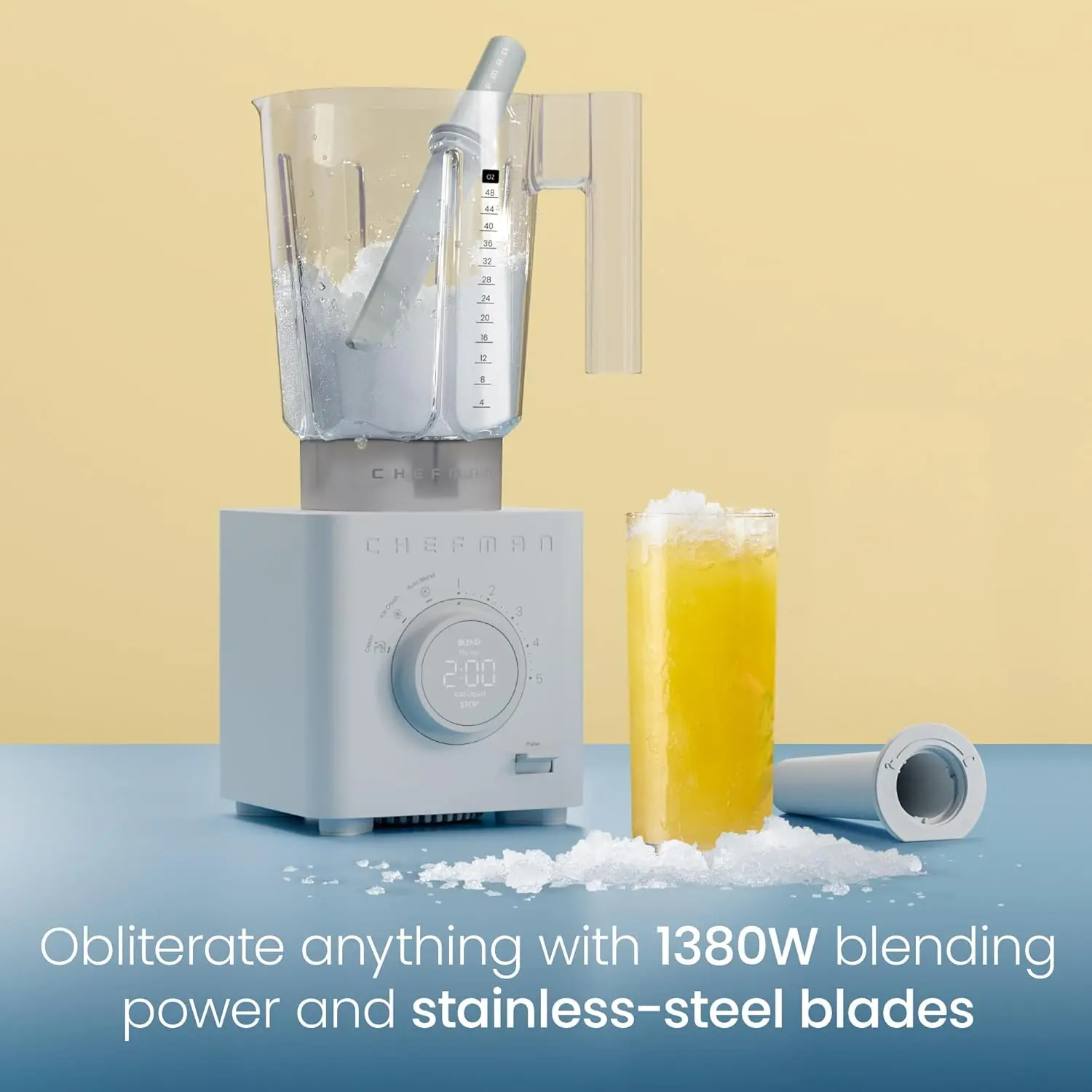 Chefman Obliterator 48 oz Countertop Blender for Smoothies, 1380W Motor to Crush Ice, Nuts, and Frozen Fruit with Stainless Steel Blade, Auto Blend Function, Includes Tamper and Scraper - Concrete image 2