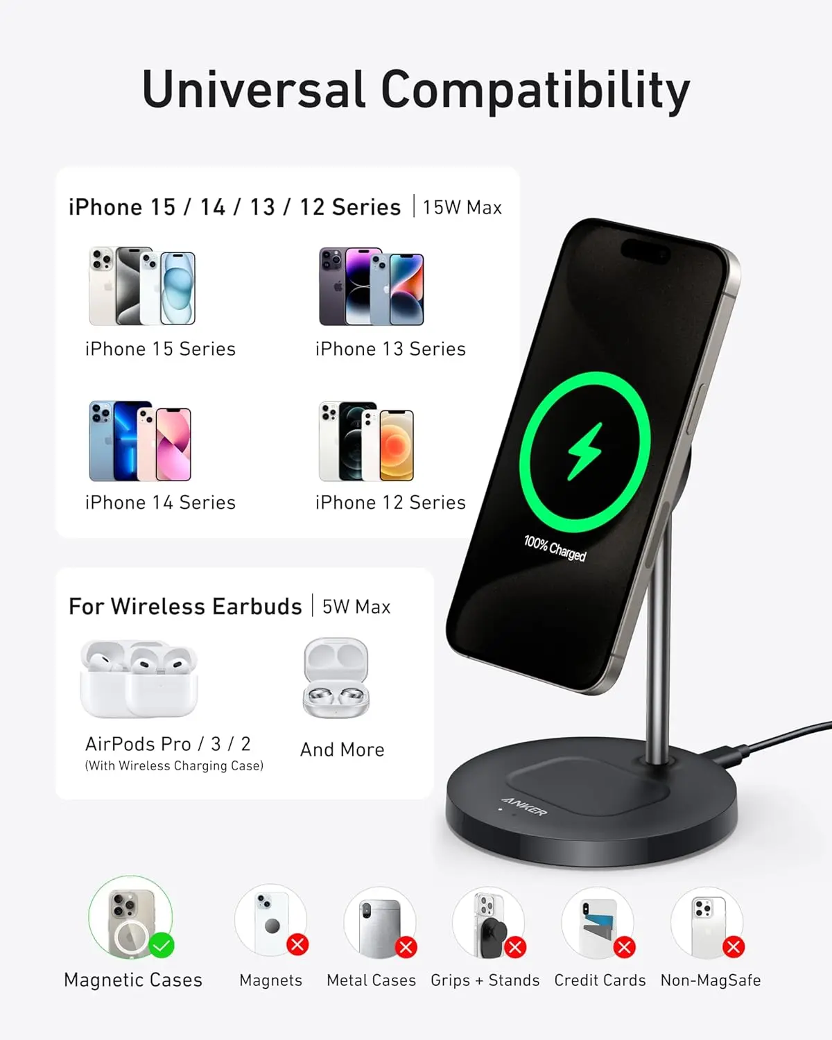 Anker MagSafe Compatible MagGo Charger Stand, iPhone 16 Wireless Charger, 2-in-1 Charging Station, Qi2 Certified 15W Fast Charging, for iPhone 16/15/14/13/12, AirPods Pro (Black, No Adapter) image 6