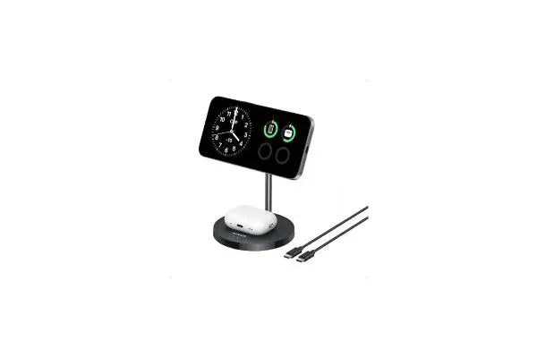 Anker MagSafe Compatible MagGo Charger Stand, iPhone 16 Wireless Charger, 2-in-1 Charging Station, Qi2 Certified 15W Fast Charging, for iPhone 16/15/14/13/12, AirPods Pro (Black, No Adapter) image