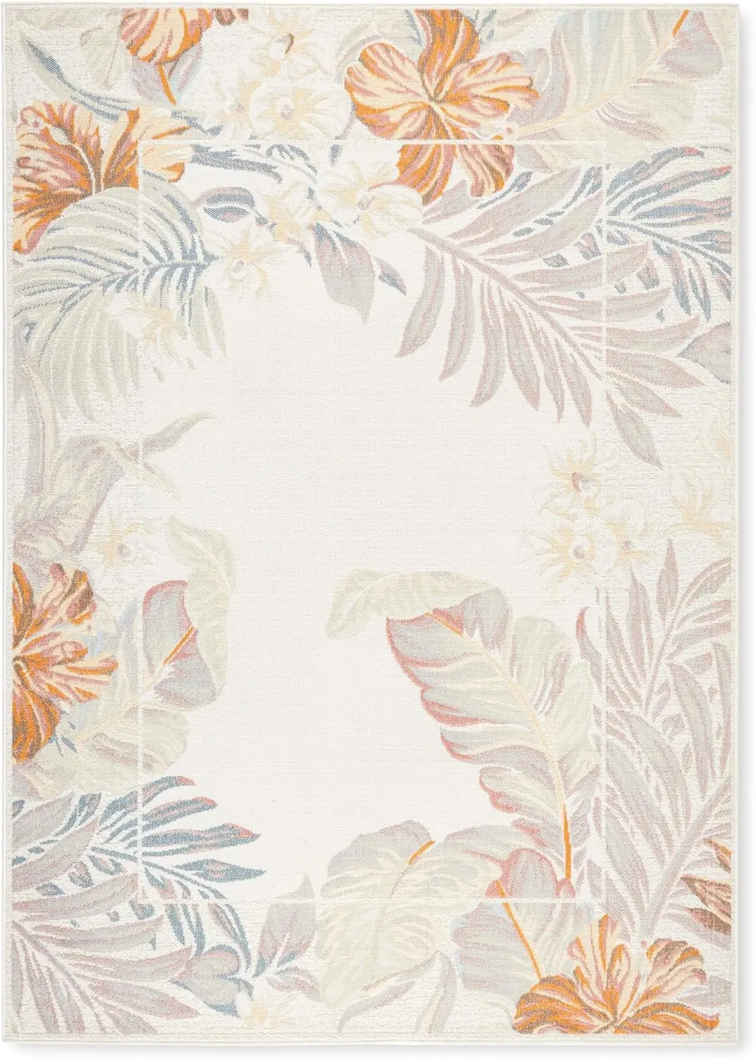 Tommy Bahama Bimini Blooming Border Indoor Outdoor Area Rug, Leaf Tropical Design, UV Fade Resistant, Ivory/Blue/Coral, 3'11"x5'2" image 1