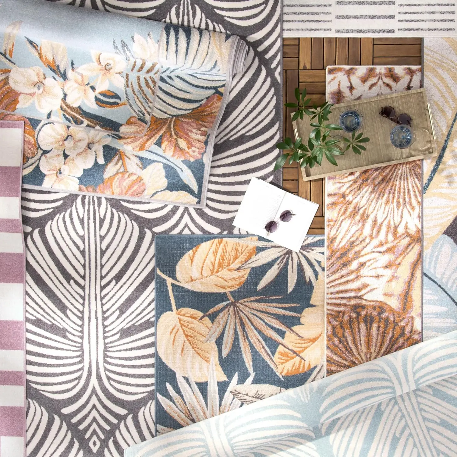 Tommy Bahama Bimini Blooming Border Indoor Outdoor Area Rug, Leaf Tropical Design, UV Fade Resistant, Ivory/Blue/Coral, 3'11"x5'2" image 4