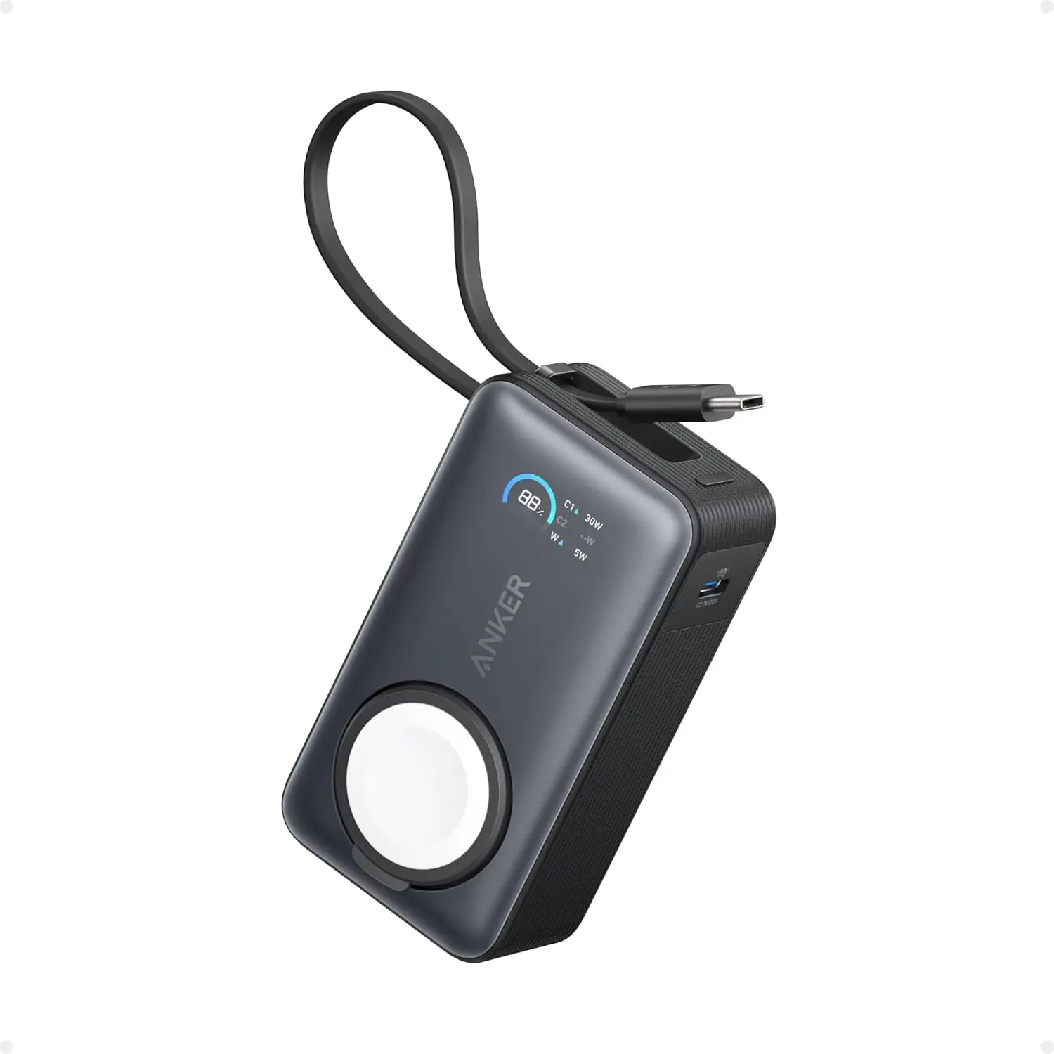 Anker MagGo Power Bank for Apple Watch, Officially Certified 10,000mAh Compact Battery Pack with Built-in USB-C Cable, 35W Max, for iPhone 15 Series, Samsung, iPad, AirPods, and More(Black) image 1