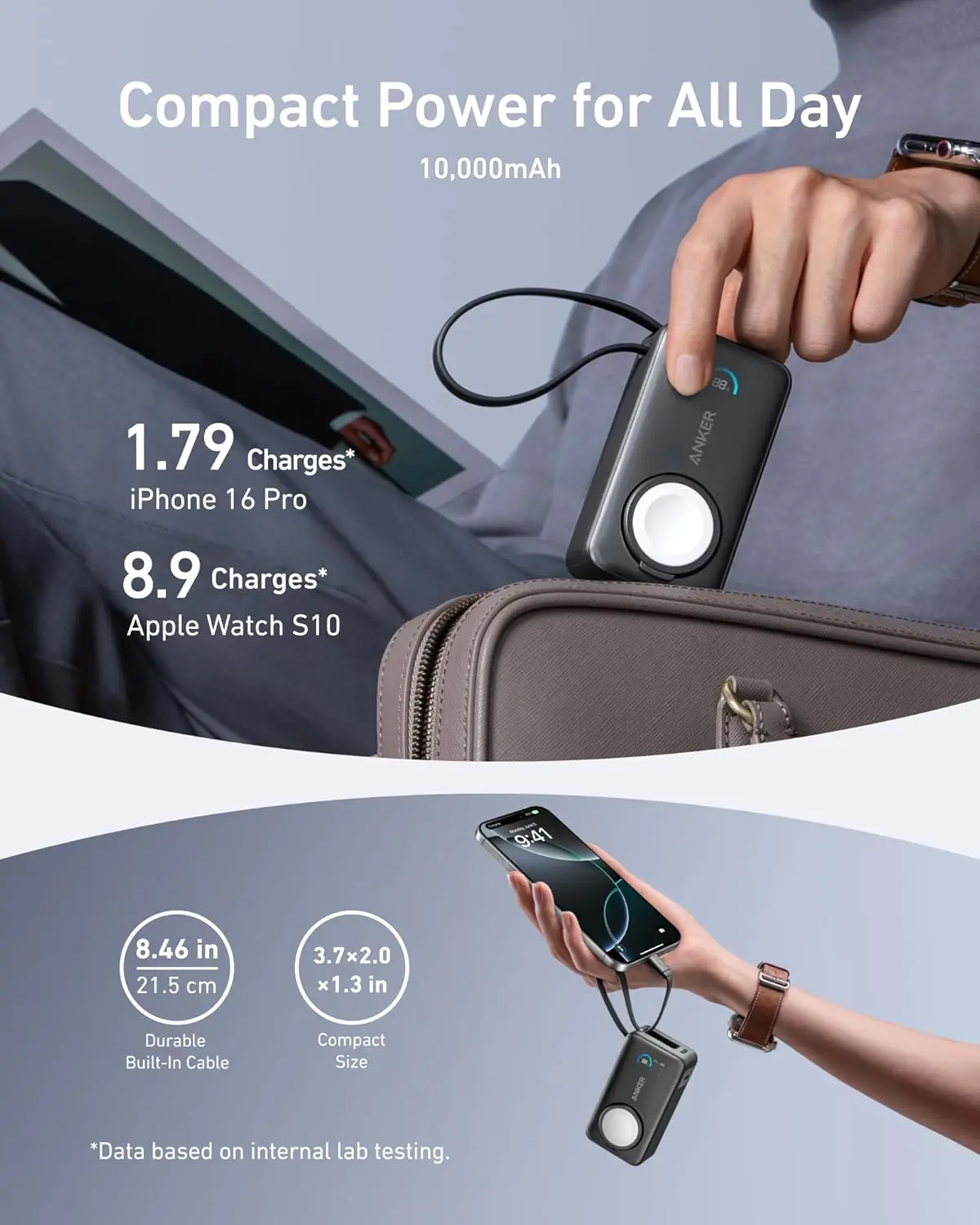 Anker MagGo Power Bank for Apple Watch, Officially Certified 10,000mAh Compact Battery Pack with Built-in USB-C Cable, 35W Max, for iPhone 15 Series, Samsung, iPad, AirPods, and More(Black) image 4