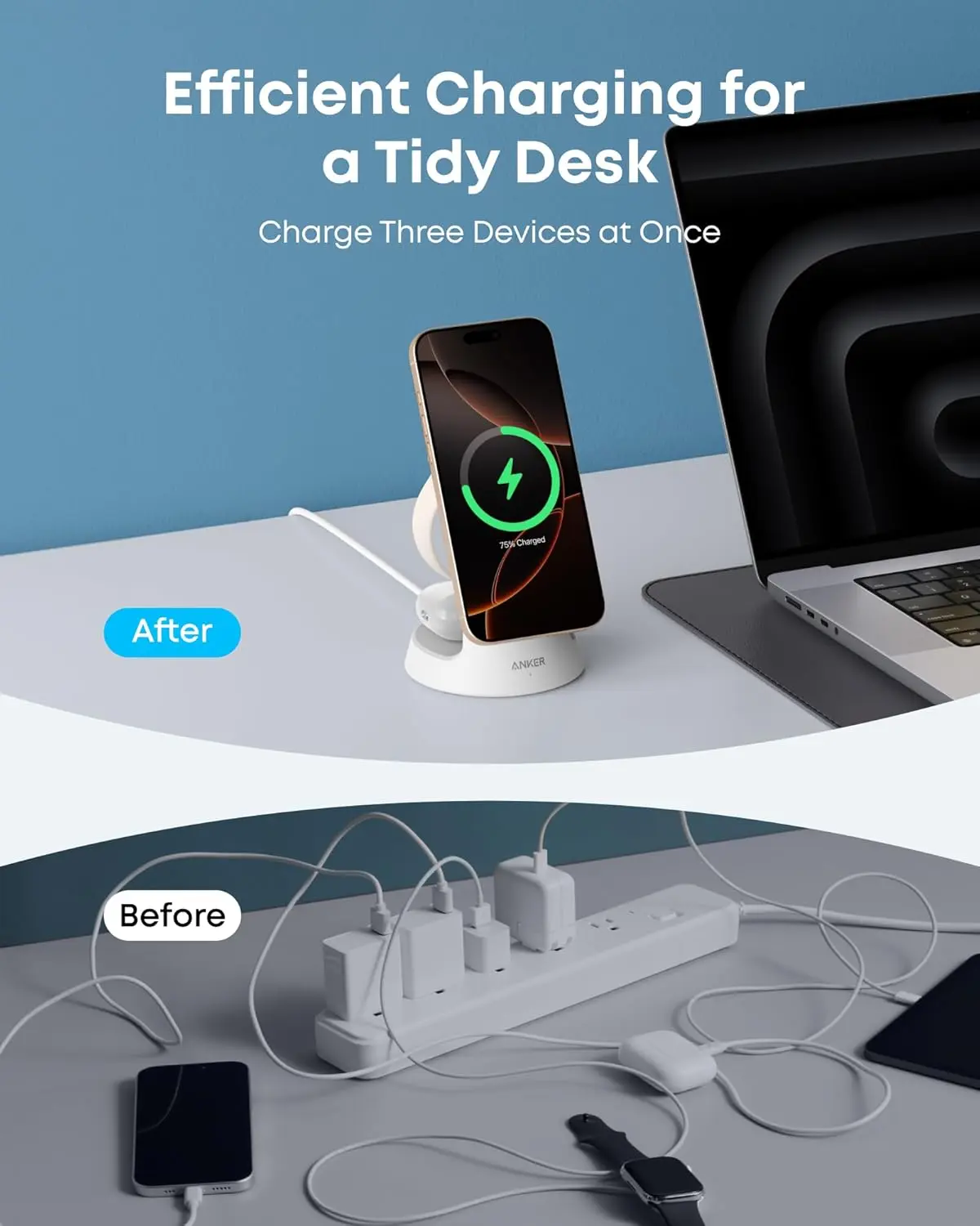 Anker MagSafe Charger Compatible, MagGo 3-in-1 Charging Station, Nano Charging Stand, Qi2 Certified 15W Magnetic Wireless Charger Dock Stand, For iPhone16/15/14, Apple Watch,AirPods (Adapter Included) image 5