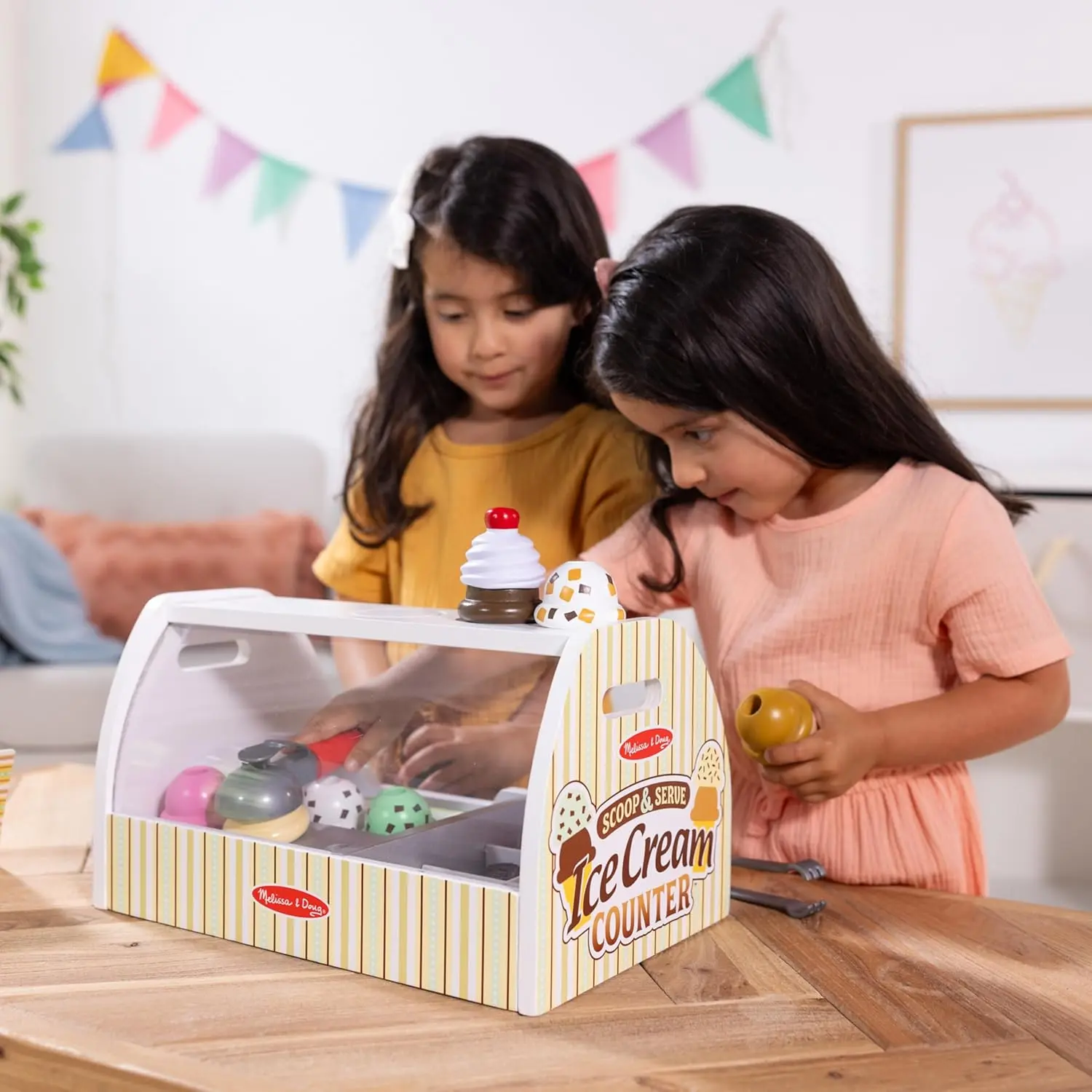 Melissa & Doug Wooden Scoop and Serve Ice Cream Counter (28 pcs) - Play Food and Accessories image 4