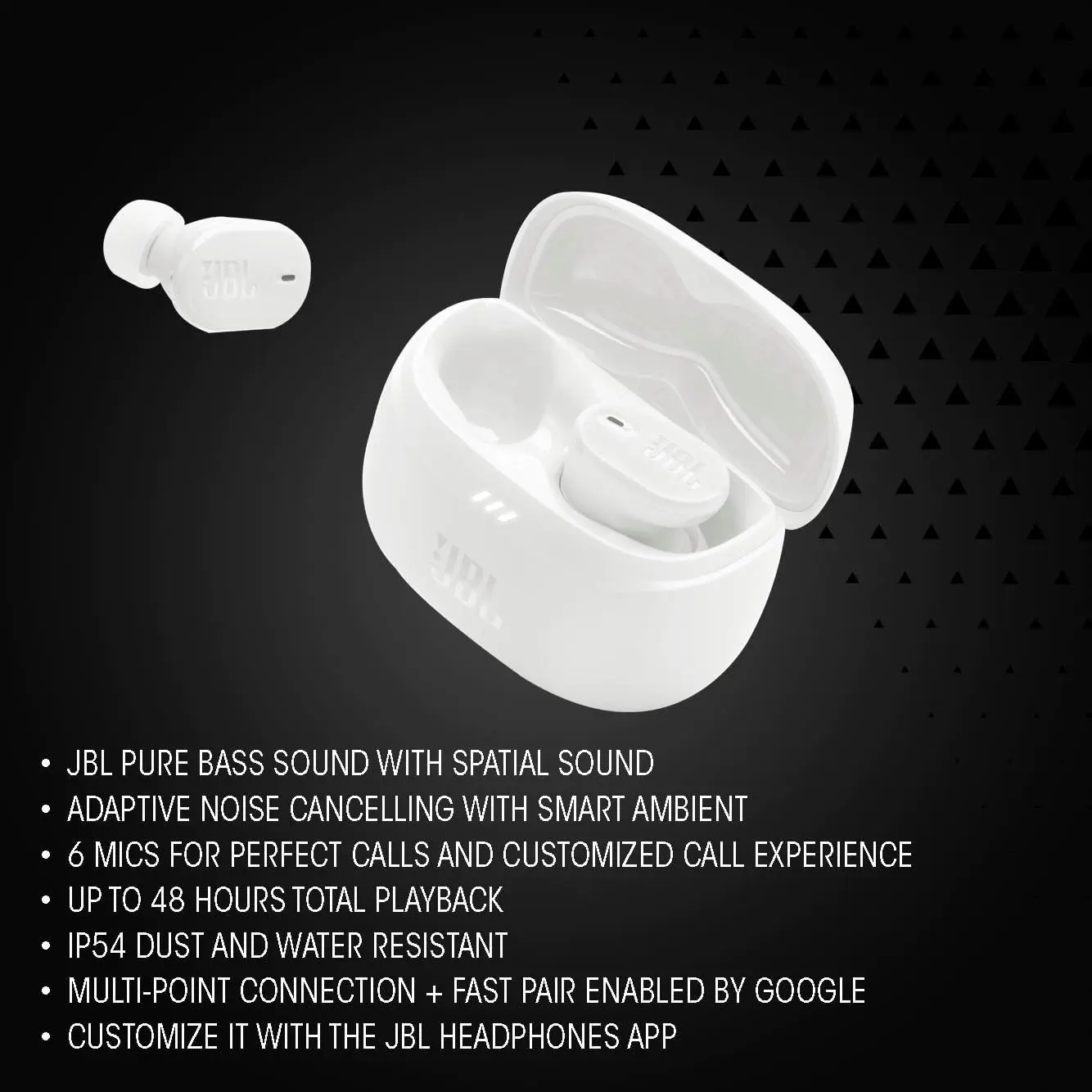 JBL Tune Buds 2 - True Wireless Noise Cancelling Earbuds Spatial Sound and Smart Ambient Technology, 6 mics for Perfect Calls, up to 48Hrs of Playback, IP54 Dust & Water Resistant (White) image 3
