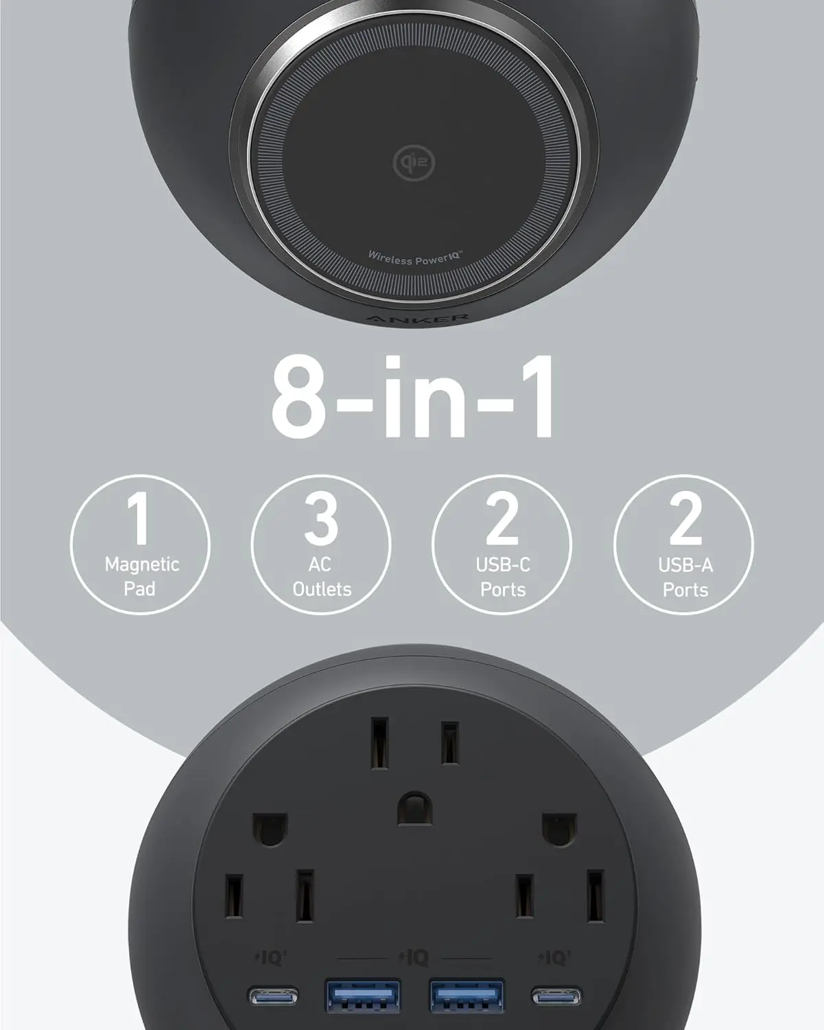 Anker MagGo Magnetic Charging Station, Qi2 Certified 15W Ultra-Fast MagSafe Wireless Charger for iPhone 15/14/13, 8-in-1 Power Strip with 3 AC and 4 USB Desktop Charger for MacBook and More image 4