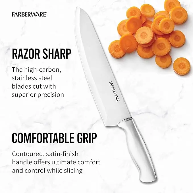 FARBERWARE 15-Piece Kitchen Knife Set with High-Carbon Stainless Steel Blades, Black Handles, Steak Knives, Wood Block, Razor Sharp and Ergonomic image 3