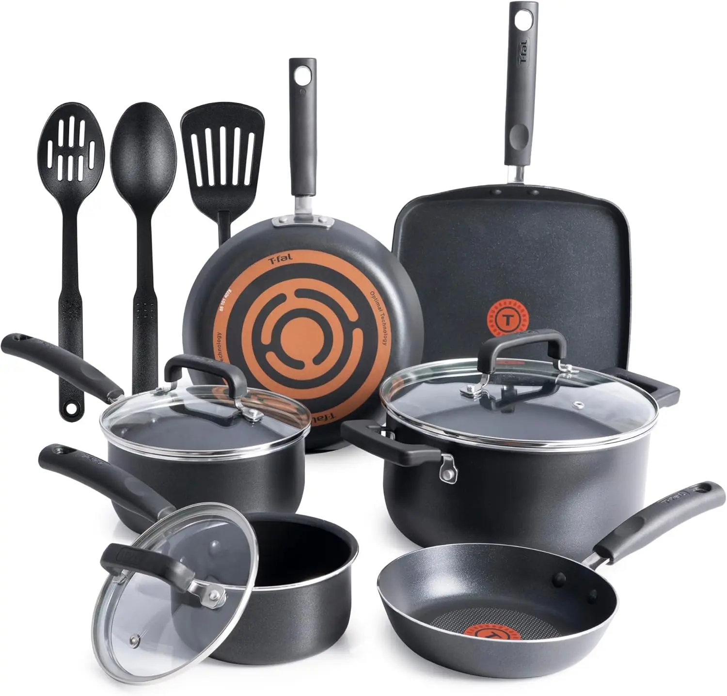 T-fal Signature Nonstick Cookware Set 12 Piece, Oven Broiler Safe 350F, Pots and Pans, Kitchen Cooking Set w/Fry Pans, Saucepans, Saute Pan, Dutch Oven, Griddle, Kitchen, Home, Dishwasher Safe, Black image 1