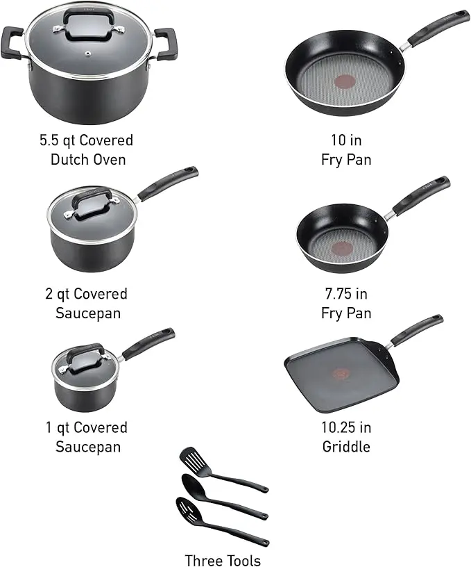 T-fal Signature Nonstick Cookware Set 12 Piece, Oven Broiler Safe 350F, Pots and Pans, Kitchen Cooking Set w/Fry Pans, Saucepans, Saute Pan, Dutch Oven, Griddle, Kitchen, Home, Dishwasher Safe, Black image 2