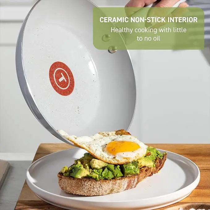 T-Fal Refresh Ceramic Pots and Pans Set, 20-Piece Nonstick Cookware Set, Stockpot, Griddle, Frying Pans, Utensils, Moon Grey image 3