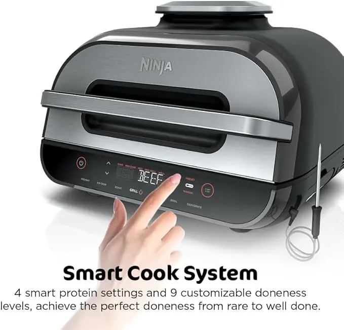 Ninja | Indoor Grill and Air Fryer| Foodi Smart XL | 6-in-1 Grill, Air Fry, Roast, Bake, Broil, Dehydrate & Crisp |Smart Thermometer & Splatter Shield | Dishwasher Safe Parts | Black/Silver | FG551 image 4