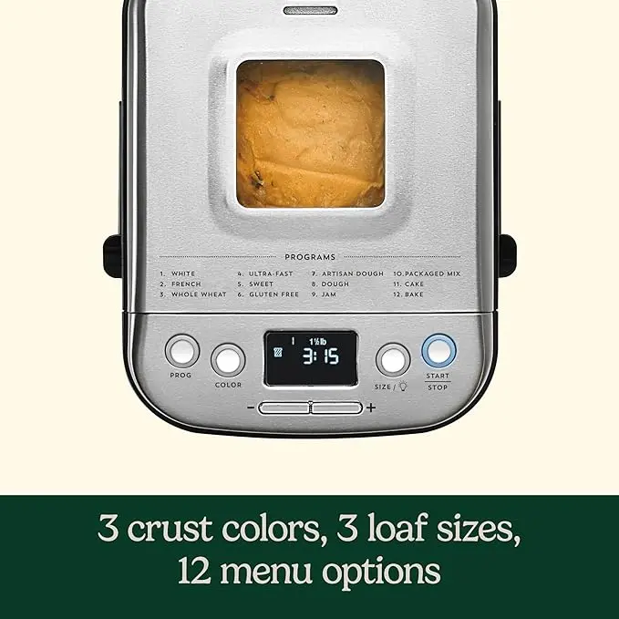Cuisinart Bread Maker Machine, Stainless Steel Automatic Bread Machine with 12 Menu Options, 3 Loaf Sizes up to 2 Lb., 3 Crust Colors, Removable Nonstick Baking Pan & Kneading Paddle, CBK-110NAS image 2