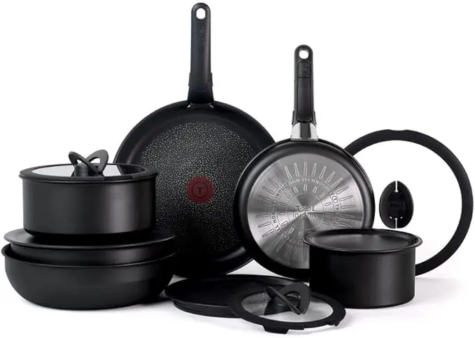 T-fal Ingenio Expertise Non Stick Cookware Set 14 Piece, Induction Oven Broiler Safe 500F, Detachable/Removable Handle, Kitchen, Pots and Pans, RV, Camping, Fry Pans, Saucepans, Dishwasher Safe Black image 1