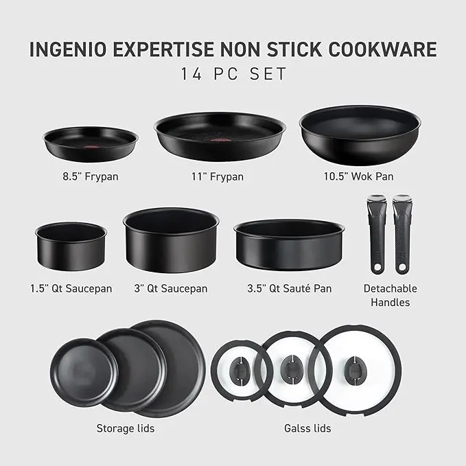 T-fal Ingenio Expertise Non Stick Cookware Set 14 Piece, Induction Oven Broiler Safe 500F, Detachable/Removable Handle, Kitchen, Pots and Pans, RV, Camping, Fry Pans, Saucepans, Dishwasher Safe Black image 2