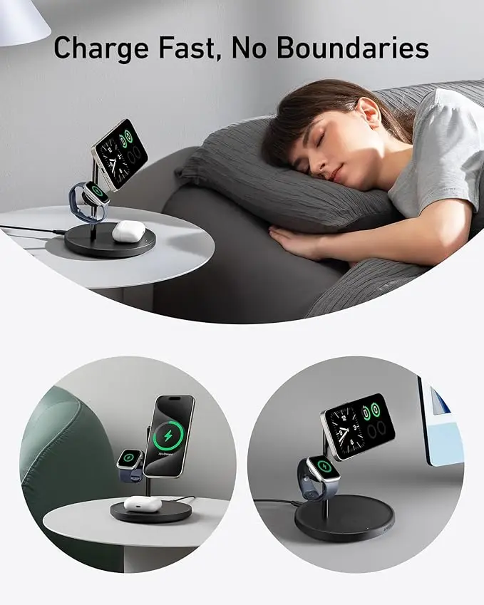 Anker MagSafe Charger Stand Compatible, iPhone 17 MagGo 3 in 1 Wireless Charging Station,Qi2 Certified 15W Wireless Charger, Desk Accessory, for iPhone 15/14/13/12 Series Apple Watch, AirPods image 5