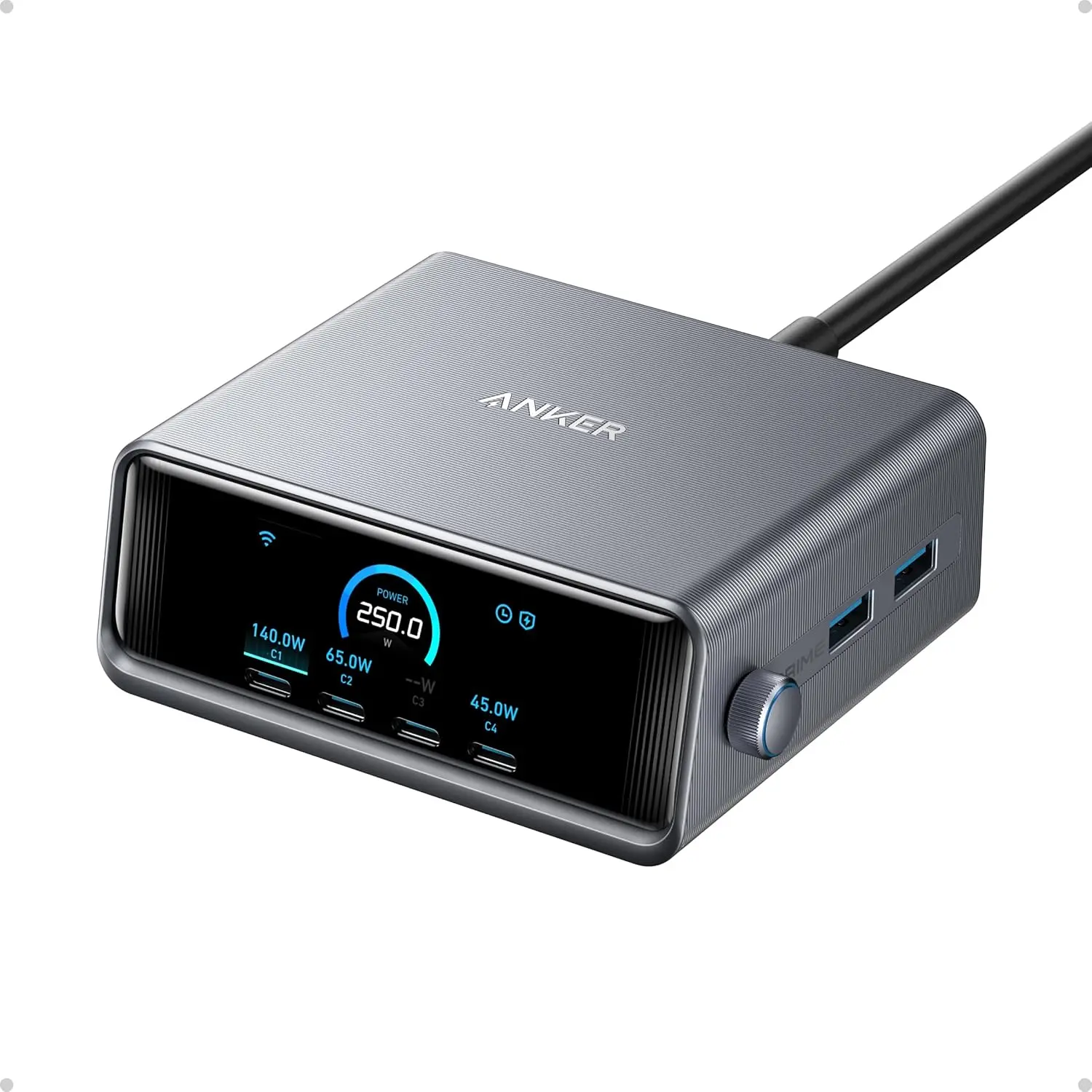Anker Prime Charger, 250W GaN Prime USB C Charging Station, Ultra-Fast 6-Port, 2.26" LCD Display and Smart Control Dial, Compatible with MacBook Pro/Air, iPhone 16/15/14, Galaxy, and More (Silver) image 1