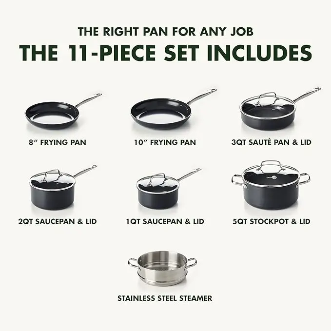 GreenPan Chatham Black Prime Midnight Hard Anodized Healthy Ceramic Nonstick 11 Piece Cookware Pots and Pans Set, PFAS-Free, Dishwasher Safe, Oven Safe, Black image 2
