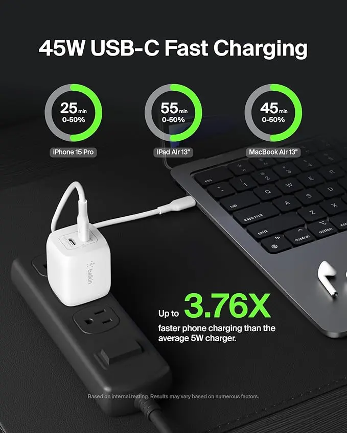 Belkin 45W Dual USB C Charger Block, Super Fast Charging PD3.0 w/ GaN Technology - Samsung Galaxy S25, Apple iPhone 17, Air, Pro, Pro Max, iPad, MacBook, AirPods, Nintendo Switch 2 & More - White image 2