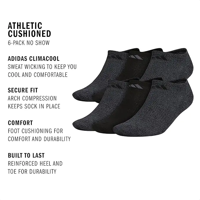 Adidas Men's Athletic Cushioned 6-Pack No Show, Socks for Men image 2