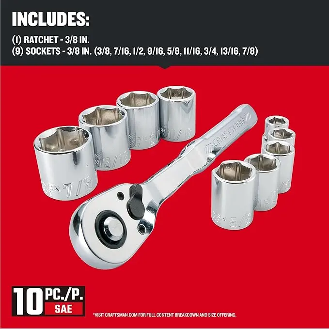 CRAFTSMAN Mechanics Tool Set with 72-tooth Low Profile Ratchet, SAE, 3/8 Inch Drive, 10 Piece (CMMT34563) image 4