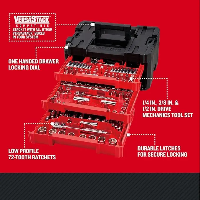 Craftsman 262-Piece Mechanic Tool Set with 3-Drawer VERSASTACK Box, SAE and Metric Socket Set, Car and Motorcycle Tool Kit with Combination Wrenches and Spark Plug Sockets (CMMT45309) image 3