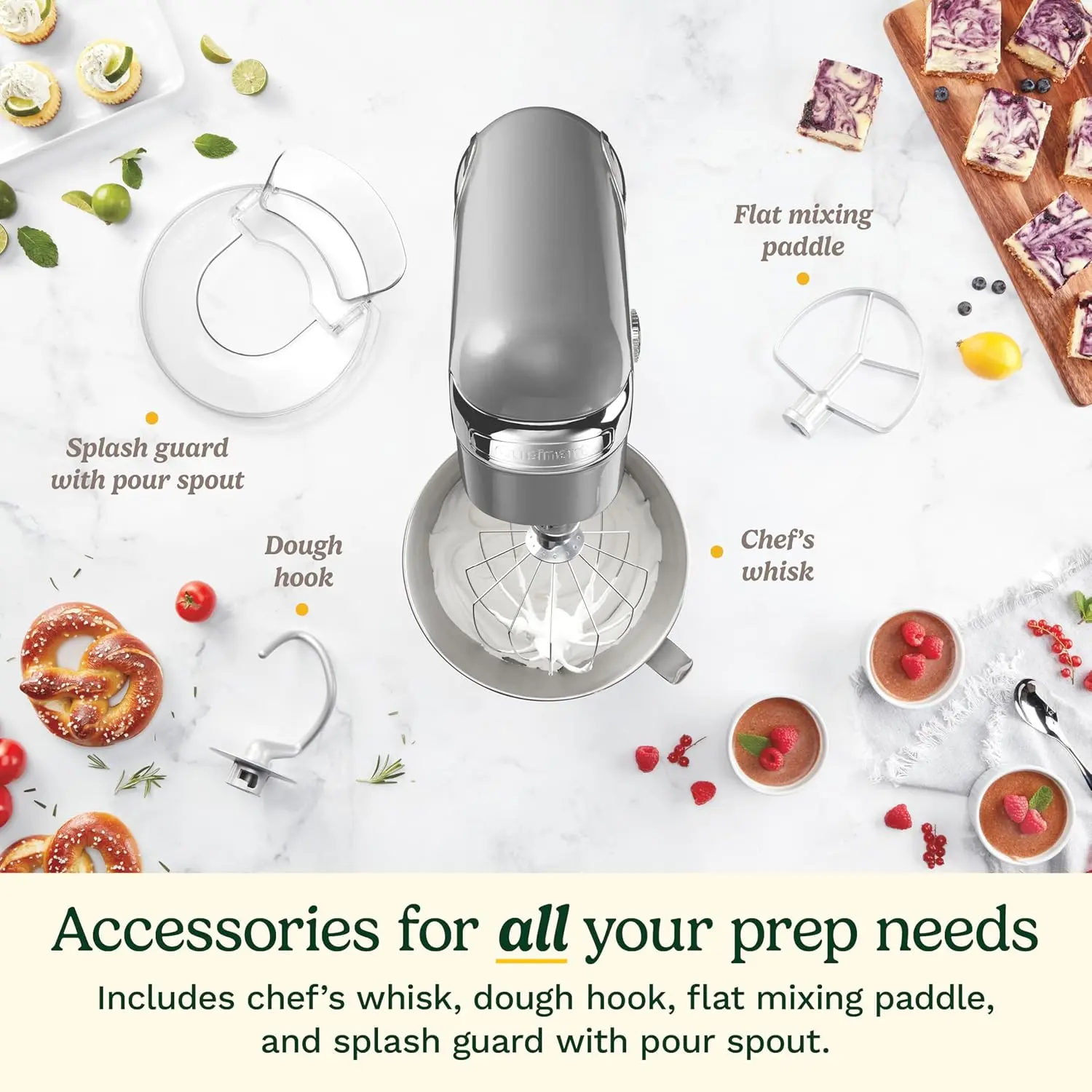 Cuisinart Stand Mixer, 12 Speeds, 5.5-Quart Mixing Bowl, Chef's Whisk, Flat Mixing Paddle, Dough Hook, and Splash Guard with Pour Spout, Silver Lining, SM-50BC, Silver Lining image 4
