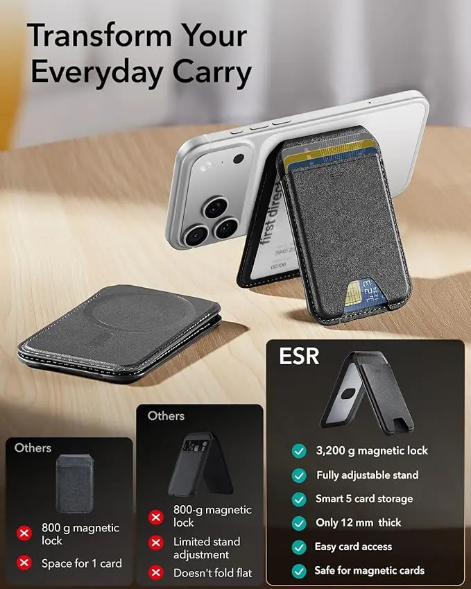 ESR for MagSafe Wallet with Stand, RFID Blocking with MagSafe Ring, 5 Card Holder for Phone Case, Slim Leather Magnetic Wallet for iPhone 17/16/15/14/13/12 Series(Not for Mini), Selected Samsung,Black image 2