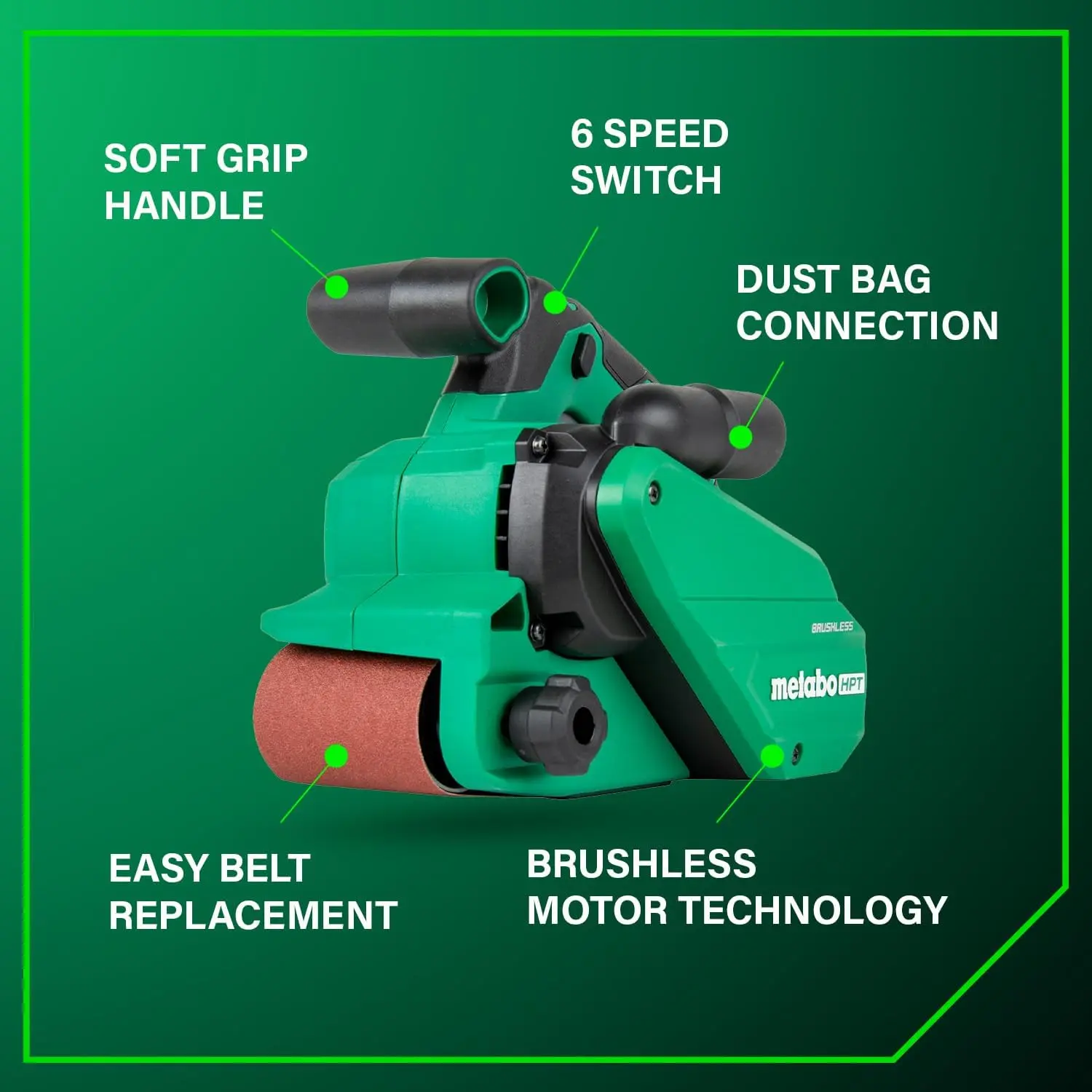 Metabo HPT 36V MultiVolt Cordless Brushless 3" x 21" Belt Sander, Power Sander Kit, Variable Speed, Auto Mode, Compatible with 18V/36V Metabo HPT Battery or AC Adapter, Tool Body Only, SB3608DAQ4 image 3