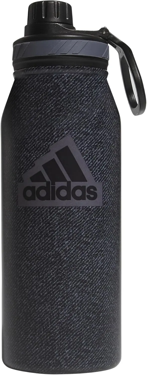 Adidas 1 Liter (32 oz) Metal Water Bottle, Hot/Cold Double-Walled Insulated 18/8 Stainless Steel, Twill Black/Black/Grey Five, 32 Ounces image 1